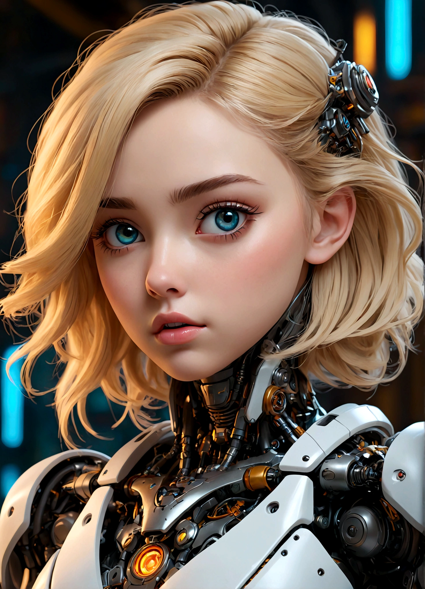 1girl, blonde hair, beautiful detailed eyes, beautiful detailed lips, extremely detailed face, long eyelashes, robot transformer, cyborg, mecha, mechanical body, futuristic, cyberpunk, dynamic pose, cute, adorable, striking a playful pose, vibrant colors, sci-fi, 8k, highres, photorealistic, detailed, studio lighting, cinematic lighting, masterpiece