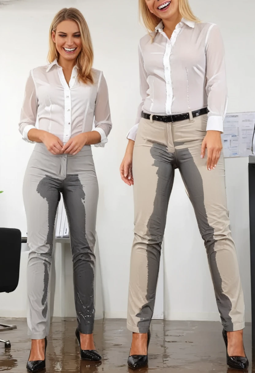 two attractive blonde women wearing dark brown dress pants, high heel pumps, white blouse, standing in an office, wetting, big smile, pee stains are gleaming wet, pants really soaked with pee