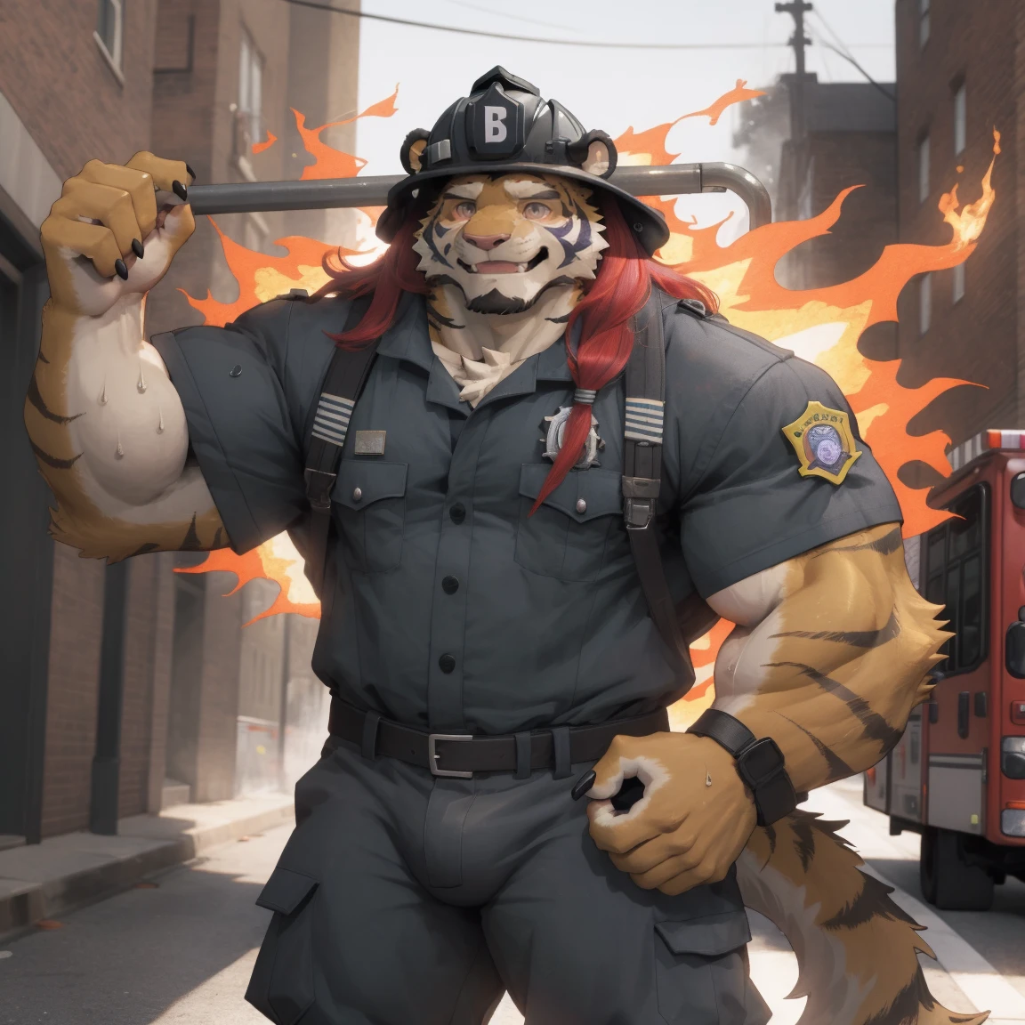 masterpiece, best quality, 8k resolution, Very detailed, hairy，tiger，((red hair))，muscle，Strong，超大muscle，((Sweating))，(((Purple Eyes)))，For the audience，(((firefighter clothing)))，portrait，(((helmet)))，(Highest quality scene)，(((fire truck)))，on the street，(((smiling)))，(((Hip bulge)))，(((Long-haired))，(((Blushing)))，((Solitary))，((whole body))，(((golden fur)))