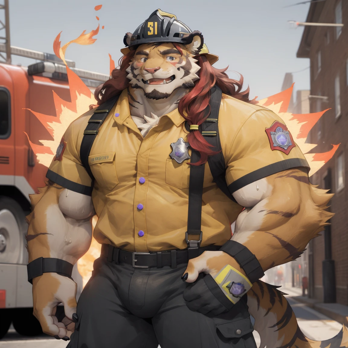 masterpiece, best quality, 8k resolution, Very detailed, hairy,tiger,((red hair)),muscle,Strong,超大muscle,((Sweating)),(((Purple Eyes))),For the audience,(((firefighter clothing))),portrait,(((helmet))),(Highest quality scene),(((fire truck))),on the street,(((smiling))),(((Hip bulge))),(((Long-haired)),(((Blushing))),((Solitary)),((whole body)),(((golden fur)))