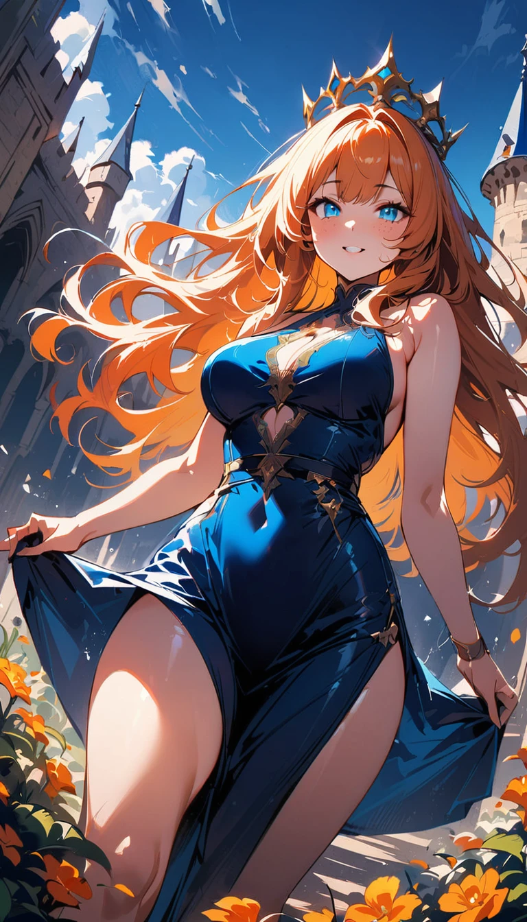 (high quality, 8k, 4K, high contrast, artwork:1.2, high quality, best aesthetics), (dynamic angle), ((1 woman)), erotic, sensual, mature body, super detailed, beautiful face detailed, beautiful eyes detailed, detailed beautiful mouth, sexy body, perfect medium breats, perfect wide thighs, orange hair, long orange hair, straight orange hair, blue eyes, long eyelashes, freckles on the cheeks, calm facial expression, long blue dress, princess crown, standing, erect posture, centered, looking at the viewer, flower garden courtyard, medieval castle in the background.