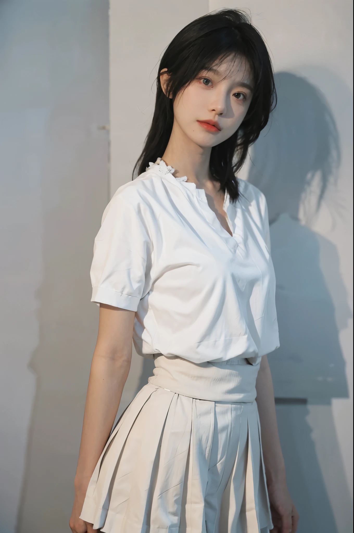 Beautiful woman with perfect figure:1.4，Ultra-high resolution，White background，（lifelike：1.4），Layered Hairstyle，White skin，Super short pleated skirt，whole body，Very delicate face and skin texture，Double eyelids，Skin Whitening，short hair，White hair