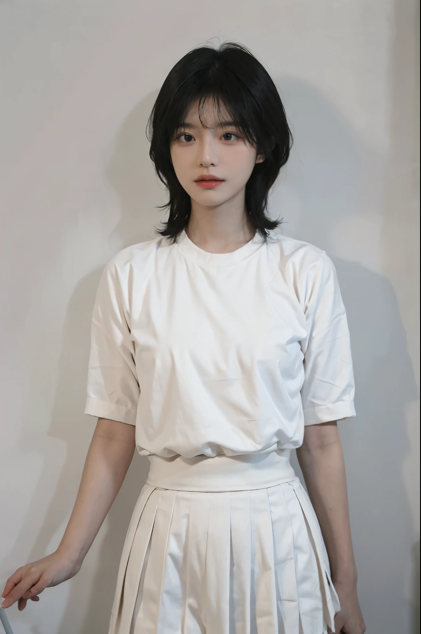 Beautiful woman with perfect figure:1.4,Ultra-high resolution,White background,(lifelike:1.4),Layered Hairstyle,White skin,Super short pleated skirt,whole body,Very delicate face and skin texture,Double eyelids,Skin Whitening,short hair,White hair