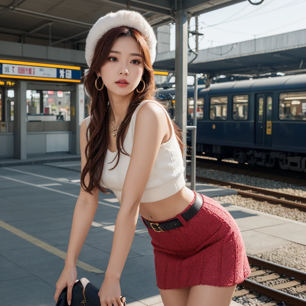 (Ultra-detailed eyes), (((textile shading))), (((Best Quality))), (((masterpiece))), (((Ultra realistic))), fat, sassy girl, street girl, messy hair, Emo Pin up Girl, pink fruity top, white fruity skirt, long leg warmers, y2k sparkle belt, faux fur hat, cute necklace, y2k edition earrings, black and pink outfit colors, Striking a pose, natural make up, skinny fat innocent, in a haunted rail station, heavenly, midshot, centered image, good girl, innocent girl, front look, red hair, red hair, red hair