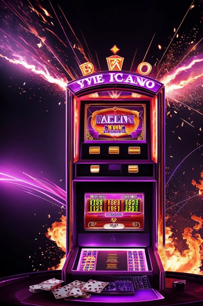 Make an image of a casino machine on fire exploding and throwing cards, chips and money everywhere in violet, purple and lilac colors above write RED ZIBA and below write BONO 40% haz un fondo brilloso