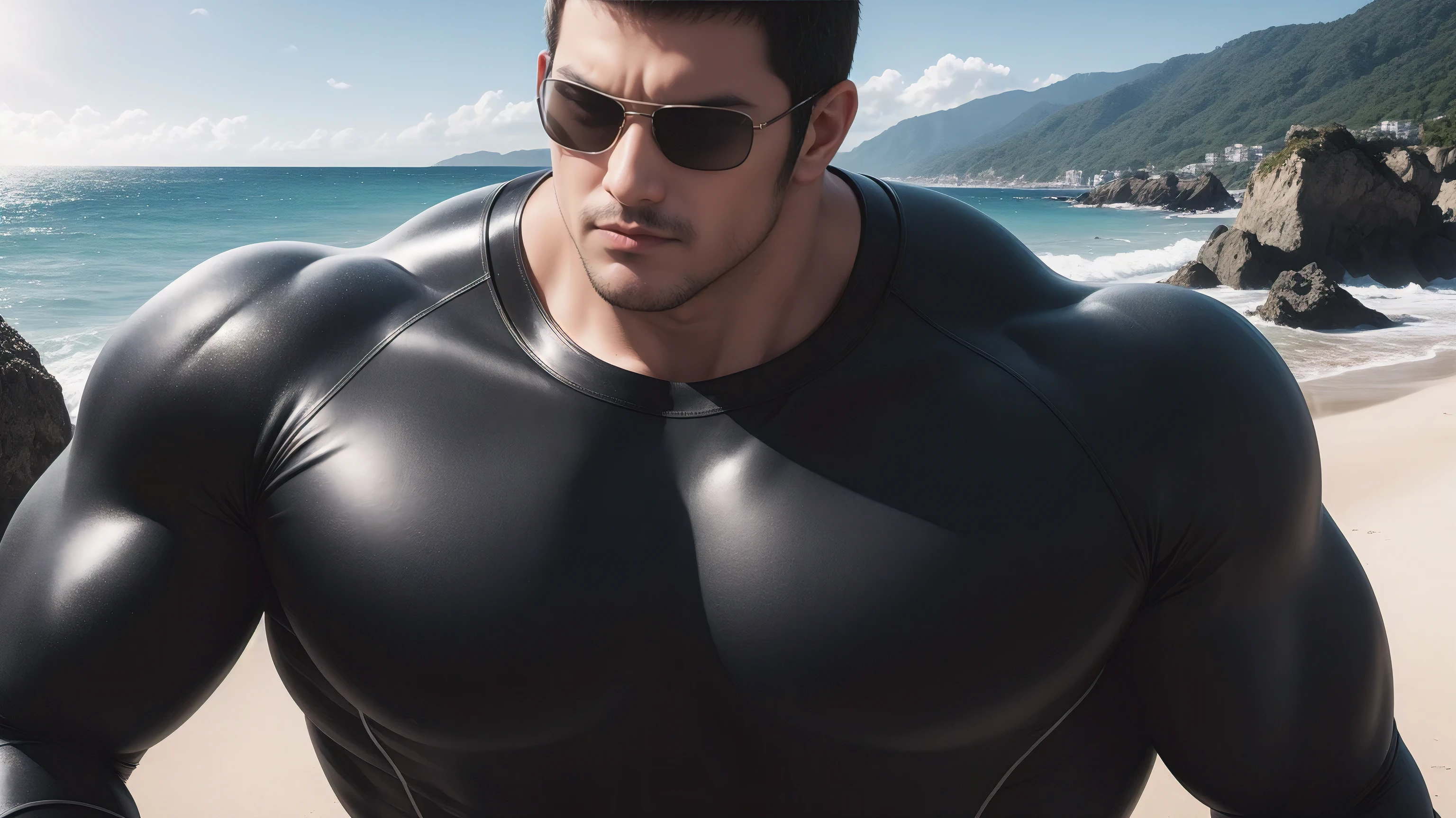 Super muscular man hugging,  They wear sunglasses，Deep gaze kiss，They embrace affectionately，short hair，Beach under the scorching sun, Wear a light grey high collar, long sleeves and tight fitting wetsuit, Shark skin texture，Beach by the sea，beautiful landscape，The expression is arrogant, Thick thighs, messy hair, Thick thighs, Wear a light grey high collar, long sleeves and tight fitting wetsuit, very tight, Regular symmetrical pattern, Highlight muscles, character concept（Resident Evil - chris redfield, chris redfield）A proud expression, Deep and charming eyes, Valiant male pose, tall Burly, muscular！muscular thighs, Tough Guy, Perfect facial features, High, Burly, Heqiang, Super exquisite and cool, High Resolution Committee, Attractive, The sun is blazing, Dazzling