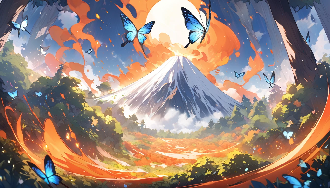 A magical scene bursting with life. Countless orange, black, and white monarch butterflies flutter through a sun-dappled forest. The air shimmers with movement and vibrant color. In the distance, a majestic volcano with a hint of lava rises from the mist, adding a touch of grandeur.