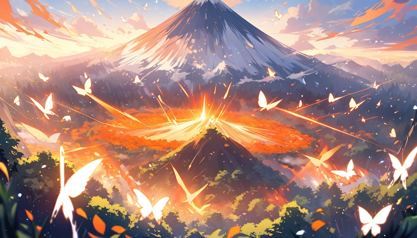 A magical scene bursting with life. Countless orange, black, and white monarch butterflies flutter through a sun-dappled forest. The air shimmers with movement and vibrant color. In the distance, a majestic volcano with a hint of lava rises from the mist, adding a touch of grandeur.
