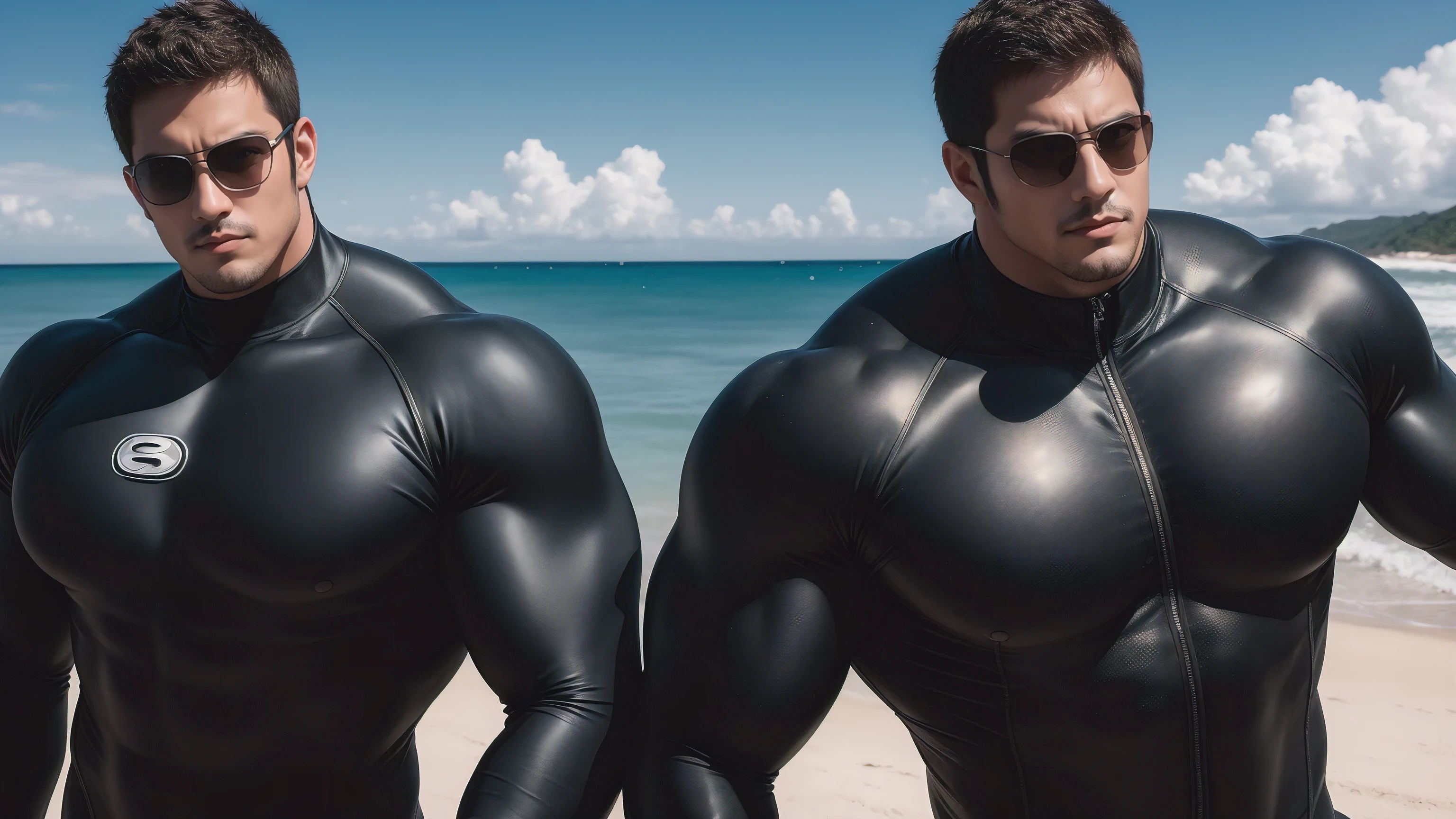 Super muscular man hugging,  They wear sunglasses，Deep gaze kiss，They embrace affectionately，short hair，Beach under the scorching sun, Wear a light grey high collar, long sleeves and tight fitting wetsuit, Shark skin texture，Beach by the sea，beautiful landscape，The expression is arrogant, Thick thighs, messy hair, Thick thighs, Wear a light grey high collar, long sleeves and tight fitting wetsuit, very tight, Regular symmetrical pattern, Highlight muscles, character concept（Resident Evil - chris redfield, chris redfield）A proud expression, Deep and charming eyes, Valiant male pose, tall Burly, muscular！muscular thighs, Tough Guy, Perfect facial features, High, Burly, Heqiang, Super exquisite and cool, High Resolution Committee, Attractive, The sun is blazing, Dazzling