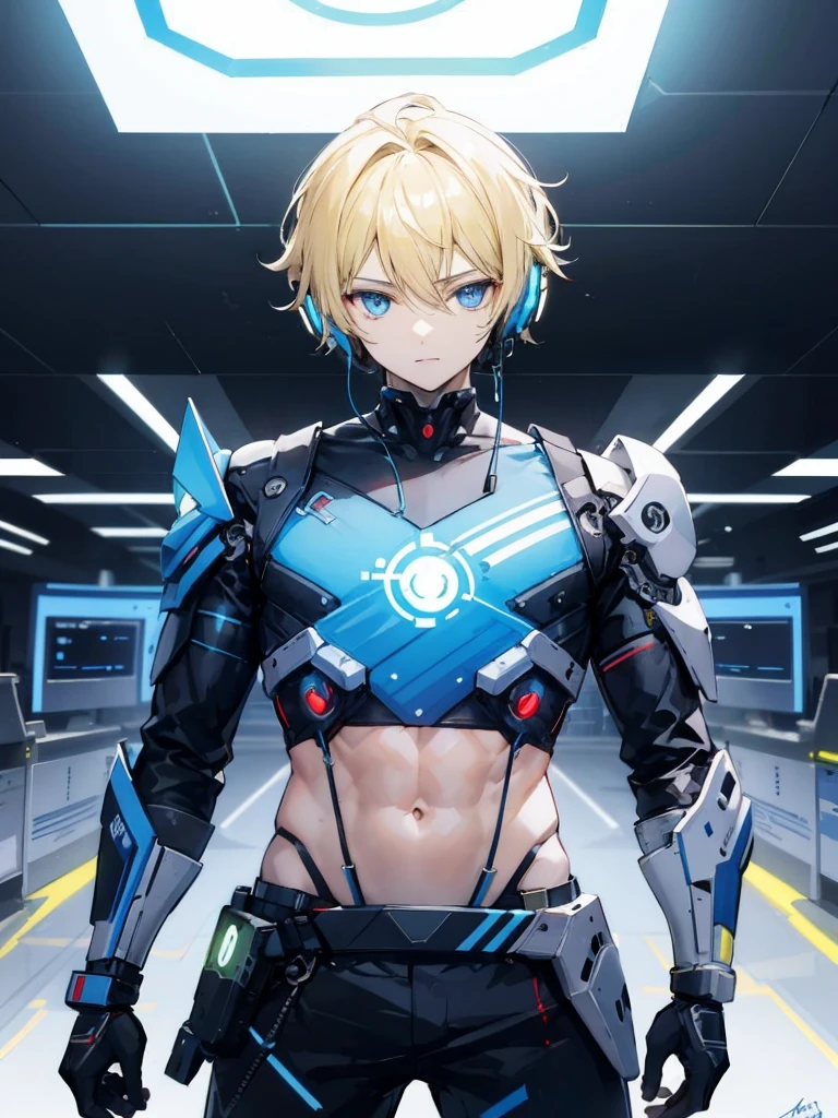  blue eyes and blonde straight hair and is a handsome teenage boy turned into a cyborg in a futuristic lab wearing a futuristic headset in cyborg crop top armor with mind control device, lying his back on top of a futuristic table with mindcontrol device connected to futuristic technology