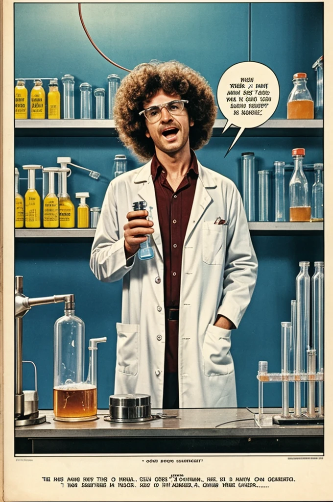 A nostalgic comic strip panel set in the 1970s, featuring a disheveled scientist clad in a lab coat and wild hair. He's standing in a cluttered laboratory, surrounded by vintage equipment and strange chemical concoctions. Beside him is his assistant, who looks on with a mix of curiosity and concern as the scientist struggles to articulate his words. The scientist's speech bubble reads, "They were the first experiments we did with memory deprivation, through the use of Lick,... lick... lick... liquids?" The composition captures the eccentricity and appeal of the era, while the assistant's expression encapsulates the wide range of emotions one might feel when working in such an unpredictable environment.