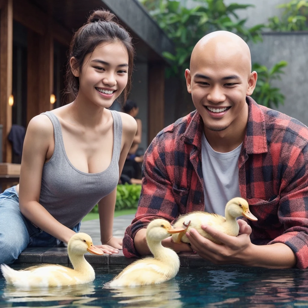 realistic photo, shows an indonesian young man, bald head, wearing plaid shirt, was training duckling to swim in the pool. Beside him there was a beautiful girl, wearing a grey tanktop, watching with a cheerful face, smiling happily