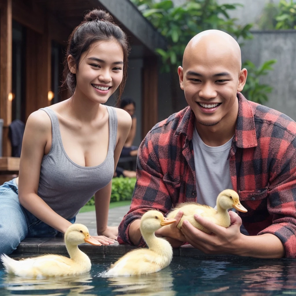 realistic photo, shows an indonesian young man, bald head, wearing plaid shirt, was training duckling to swim in the pool. Beside him there was a beautiful girl, wearing a grey tanktop, watching with a cheerful face, smiling happily