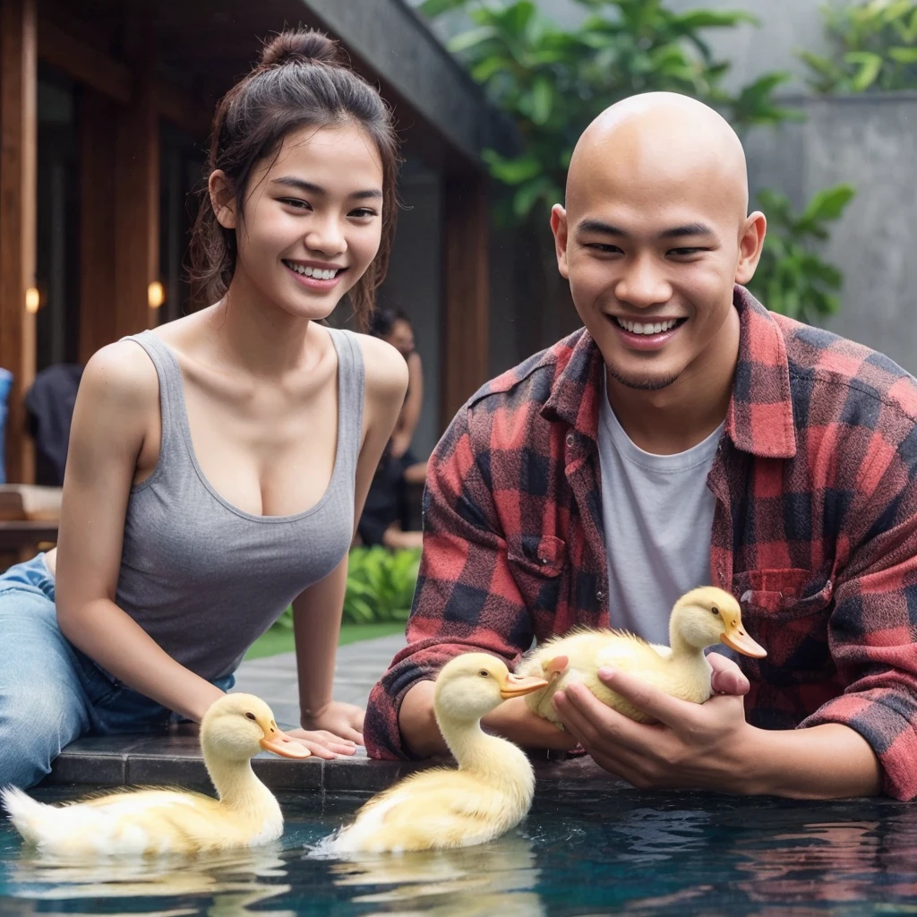 realistic photo, shows an indonesian young man, bald head,  wearing plaid shirt, was training duckling to swim in the pool. Beside him there was a beautiful girl, wearing a grey tanktop, watching with a cheerful face, smiling happily