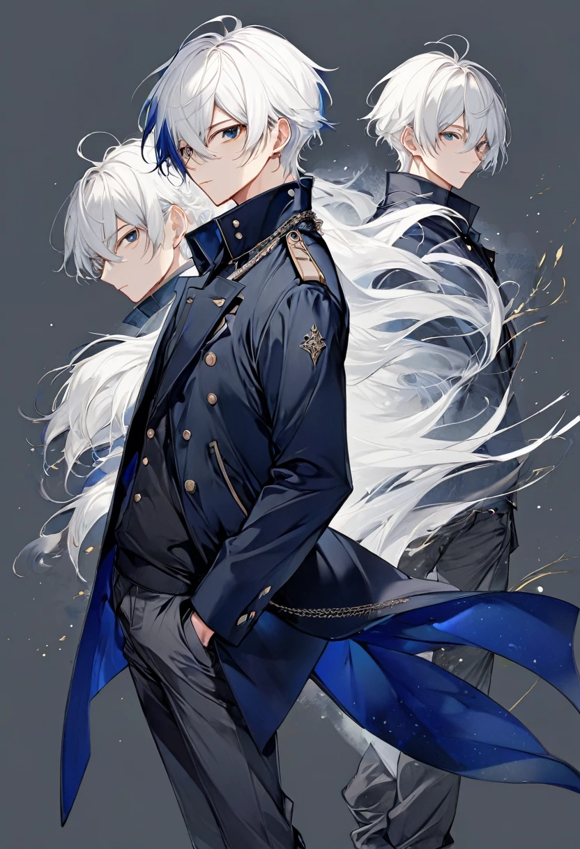 male, anime style, 2d, young, white hair, dark blue coat, dark grey pants, standing pose, no backgroind,  high definition