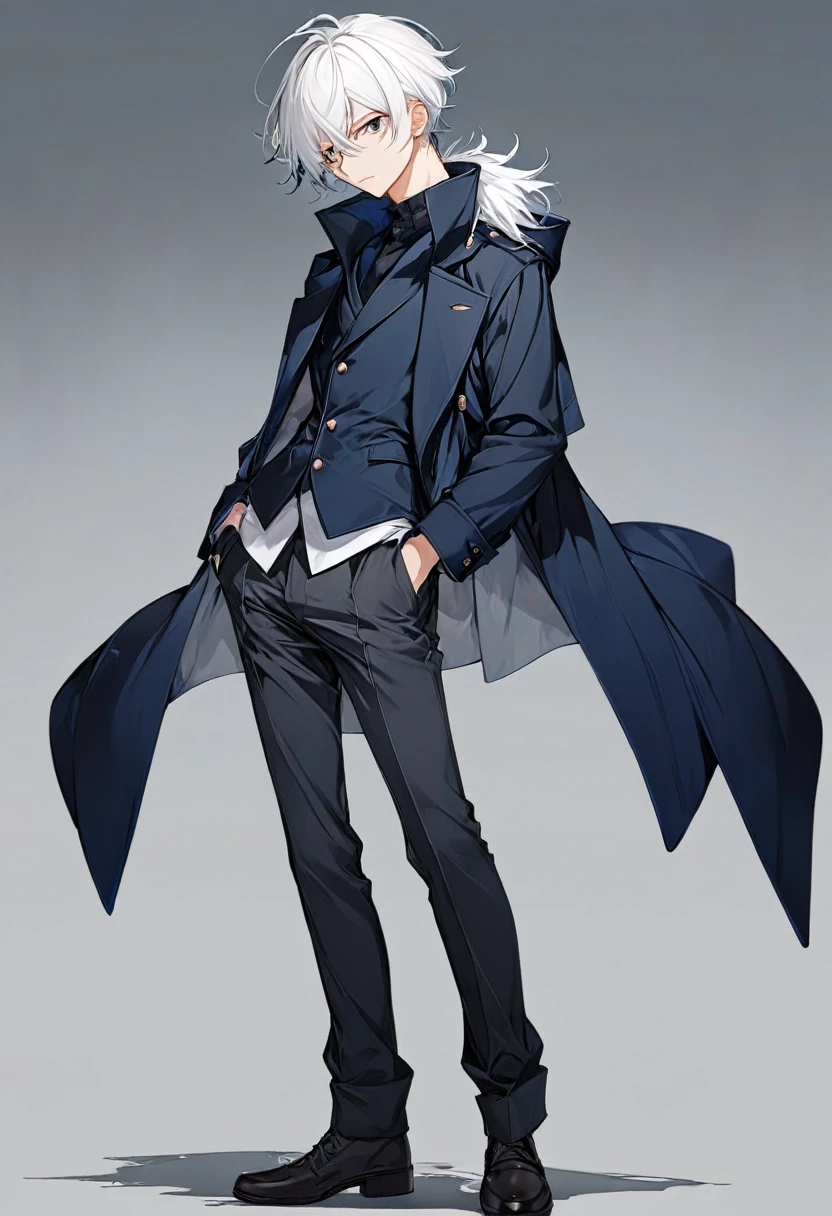 male, anime style, 2d, young, white hair, dark blue coat, dark grey pants, standing pose, no backgroind, high definition