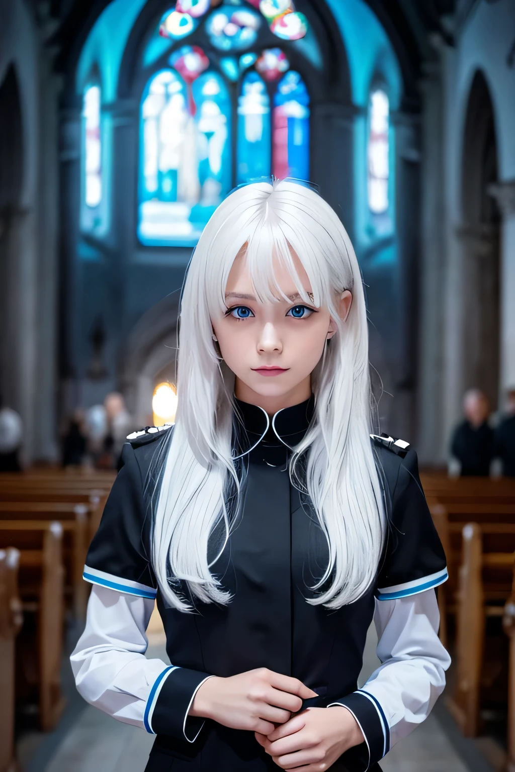 White hair, light blue eyes, black uniform, night, church.