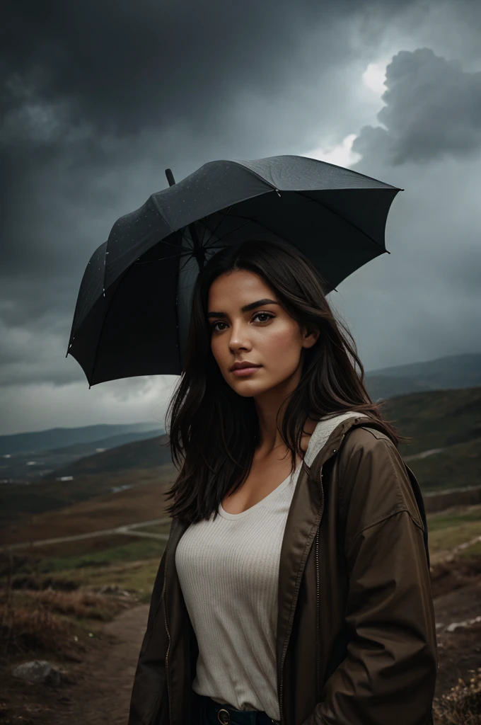 Autumm is here. Windy, light rainy, a woman with an umbrella is wandering through the landscape, atmospheric and oppressive as the sky begins to glow, energy harnessed sporadic glare a sky of emotions, Watercolor, trending on artstation, sharp focus, studio photo, intricate details, highly detailed, by greg rutkowski