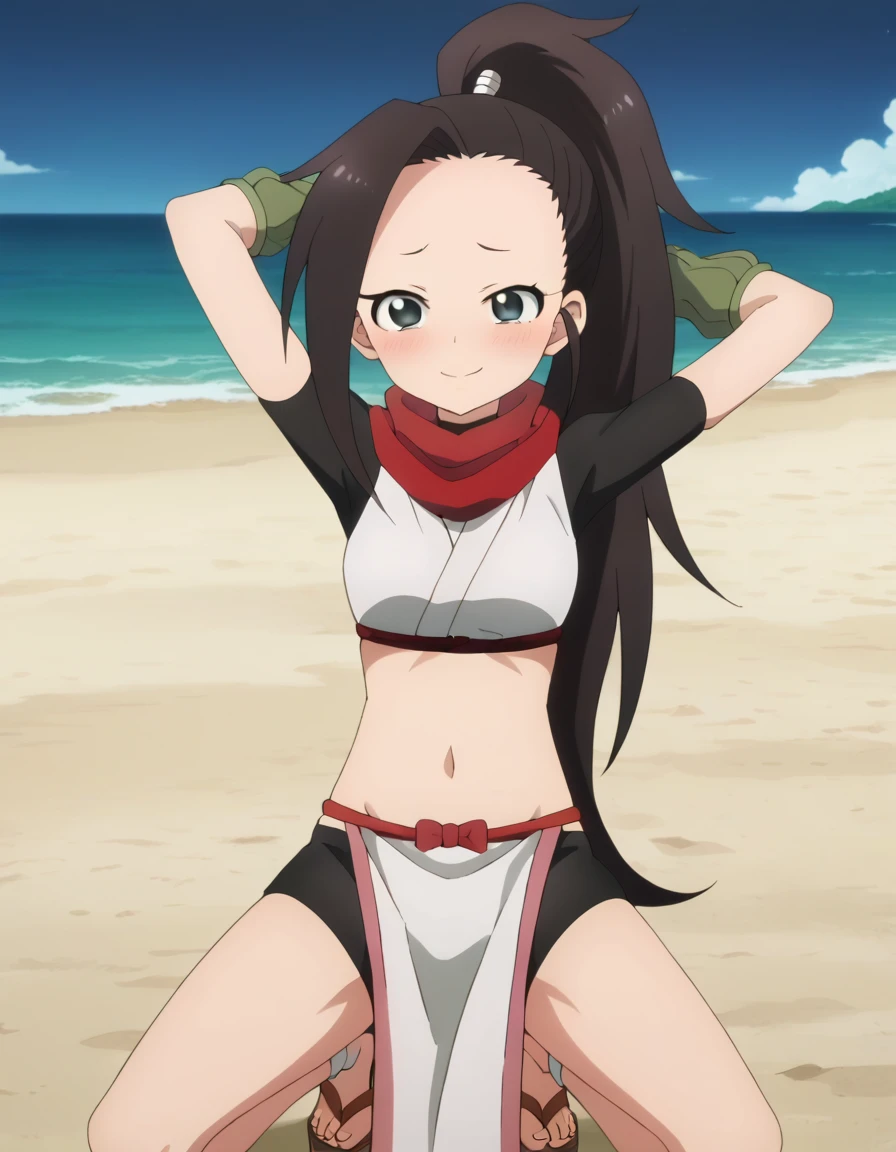  anime coloring, anime screencap, source_anime, anime,uncensored ,BREAK1girl,kunotsubaki, black eyes, black hair, long hair, asymmetrical bangs, forehead, high ponytail, ponytail,shirt, navel, red scarf, scarf short sleeves, pelvic curtain, shorts, green gloves, arm warmers, fingerless gloves, sandals, BREAK,  high quality, solo, 1girl, night sky, beach, arms behind head, contrapposto, closed mouth, spread armpits, (cowboy shot:1.5), looking at viewer, nervous, smile, best quality, blushing, spread legs,