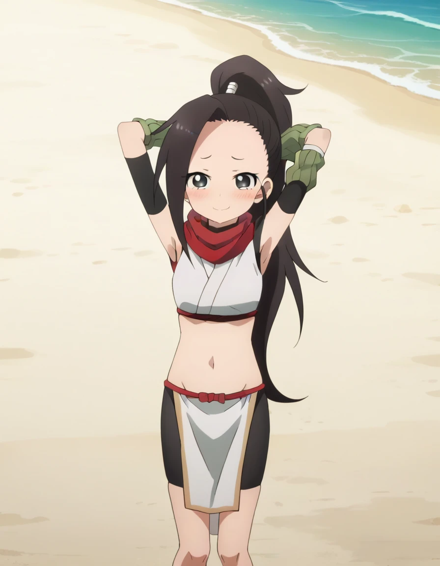  anime coloring, anime screencap, source_anime, anime,uncensored ,BREAK1girl,kunotsubaki, black eyes, black hair, long hair, asymmetrical bangs, forehead, high ponytail, ponytail,shirt, navel, red scarf, scarf short sleeves, pelvic curtain, shorts, green gloves, arm warmers, fingerless gloves, sandals, BREAK,  high quality, solo, 1girl, night sky, beach, arms behind head, contrapposto, closed mouth, spread armpits, (cowboy shot:1.5), looking at viewer, nervous, smile, best quality, blushing, spread legs,