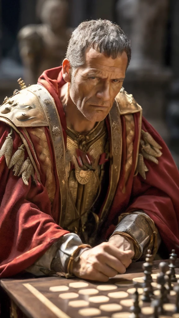 arafed man in armor playing a game of chess, julius caesar, wearing gilded red robes, roman emperor, magneto, inspired by Pogus Caesar, maximus jacobs, inspired by Caesar van Everdingen, portrait shot, caesar, high quality image, christopher lloyd as belial, bryan cranston as thor, arsen lupin as a paladin