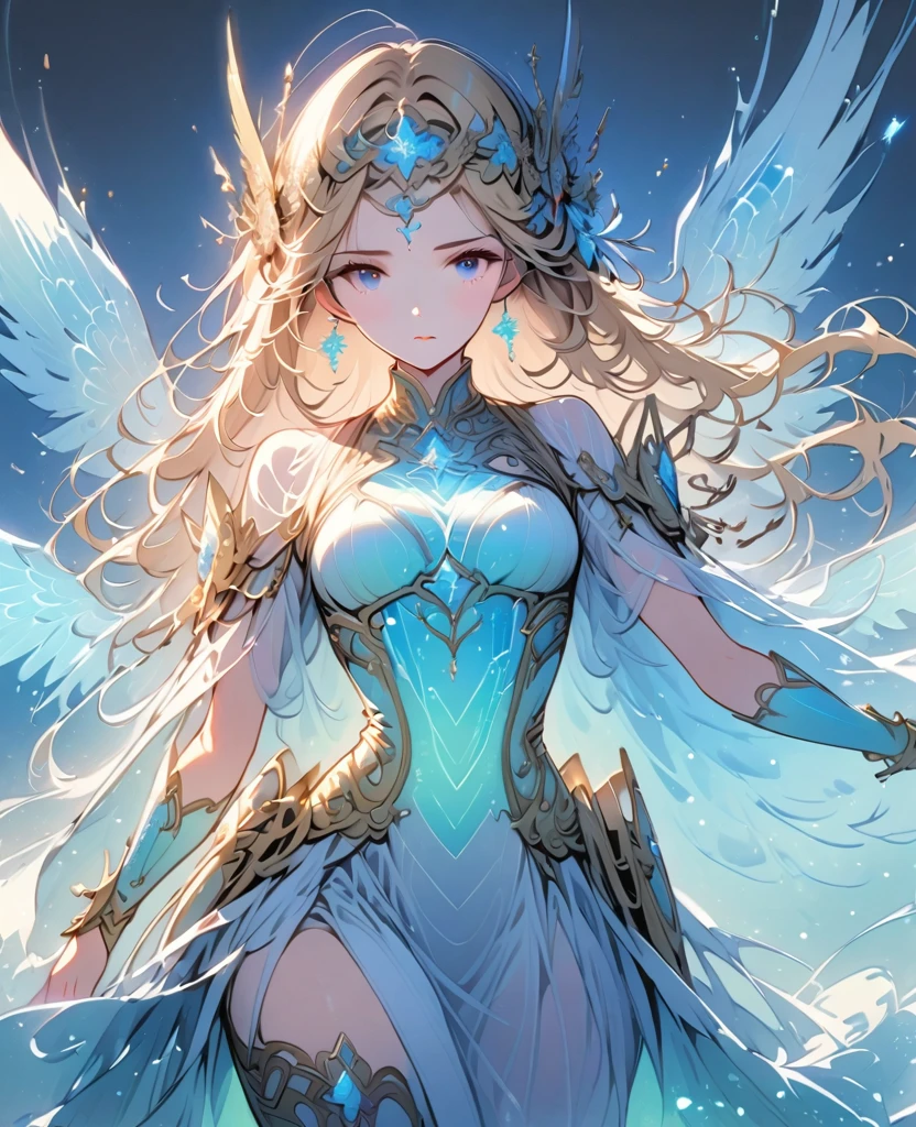 1girl, 18+, front view, standing, (blue eyes), (long blonde hair, floating in space), (white and cream-colored costume), (shining armor), (holding glow stick), (glow:1), (out of focus stars), (deep blue background), (sweeping motion of arms), (forward gaze), ( slightly turned head), (relaxed pose), (scattered stars), (soft lighting), (warm colors), (muted colors), (low-key), (high contrast), (focus on character), ( details in hair and eyes), (minimal background details)
