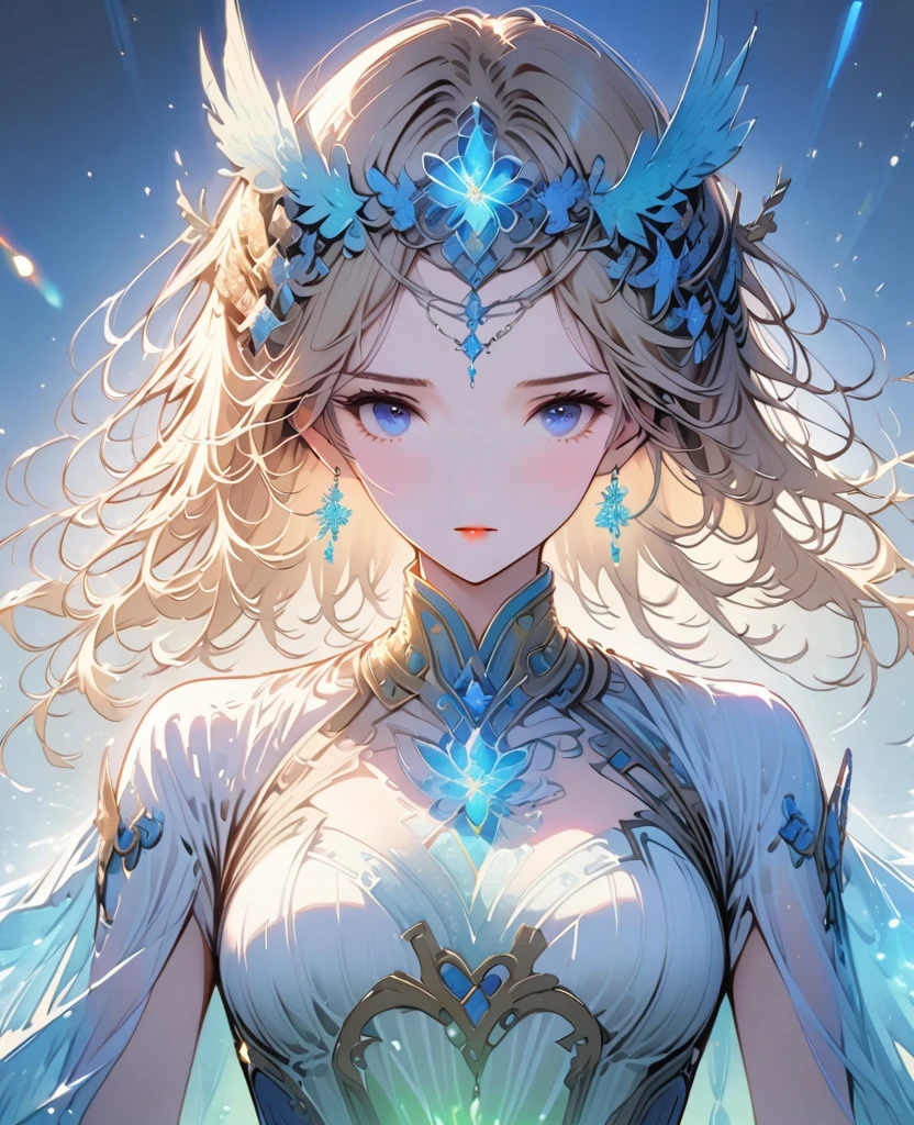 1girl, 18+, front view, standing, (blue eyes), (long blonde hair, floating in space), (white and cream-colored costume), (shining armor), (holding glow stick), (glow:1), (out of focus stars), (deep blue background), (sweeping motion of arms), (forward gaze), ( slightly turned head), (relaxed pose), (scattered stars), (soft lighting), (warm colors), (muted colors), (low-key), (high contrast), (focus on character), ( details in hair and eyes), (minimal background details)