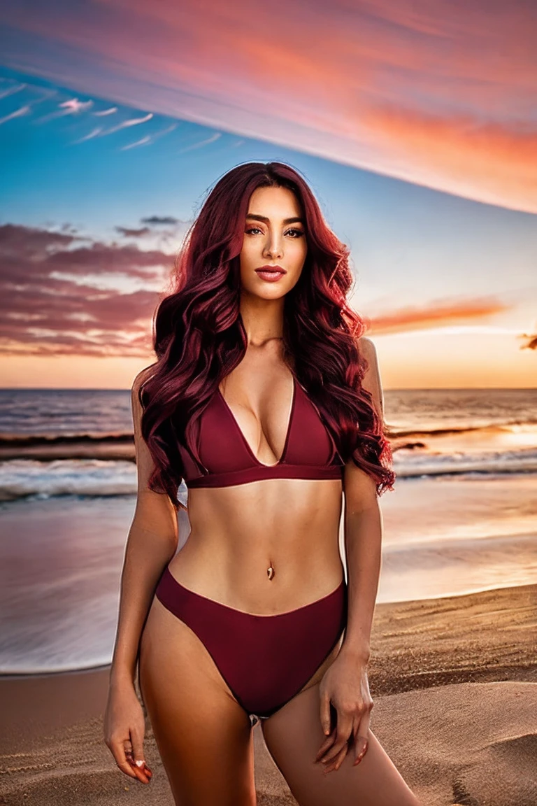 A beautiful young woman's lifelike portrait showcasing her sultry personality, long wavy burgundy hair. adorned in a two piece swimsuit. Slender waist. Tan. Long legs. The setting is the beach outside La Jolla California at sunset. — AR 3:4 — stylize 250 — style raw — v 6