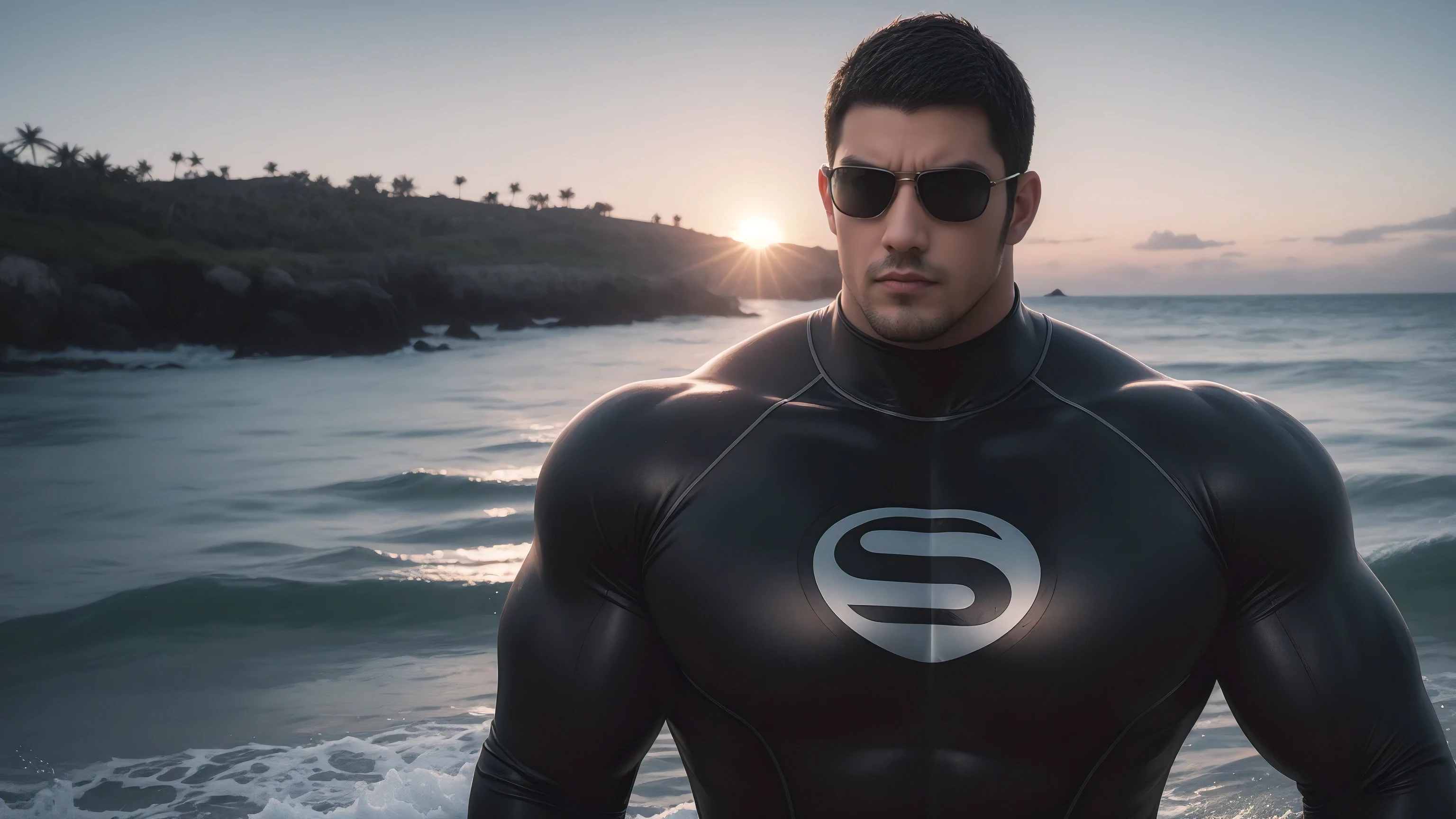 Super muscular man hugging, They wear sunglasses,Deep gaze kiss,They embrace affectionately,short hair,Beach under the scorching sun, Wear a light grey high collar, long sleeves and tight fitting wetsuit, Shark skin texture,Beach by the sea,beautiful landscape,The expression is arrogant, Thick thighs, messy hair, Thick thighs, Wear a light grey high collar, long sleeves and tight fitting wetsuit, very tight, Regular symmetrical pattern, Highlight muscles, character concept(Resident Evil - chris redfield, chris redfield)A proud expression, Deep and charming eyes, Valiant male pose, tall Burly, muscular!muscular thighs, Tough Guy, Perfect facial features, High, Burly, Heqiang, Super exquisite and cool, High Resolution Committee, Attractive, The sun is blazing, Dazzling
