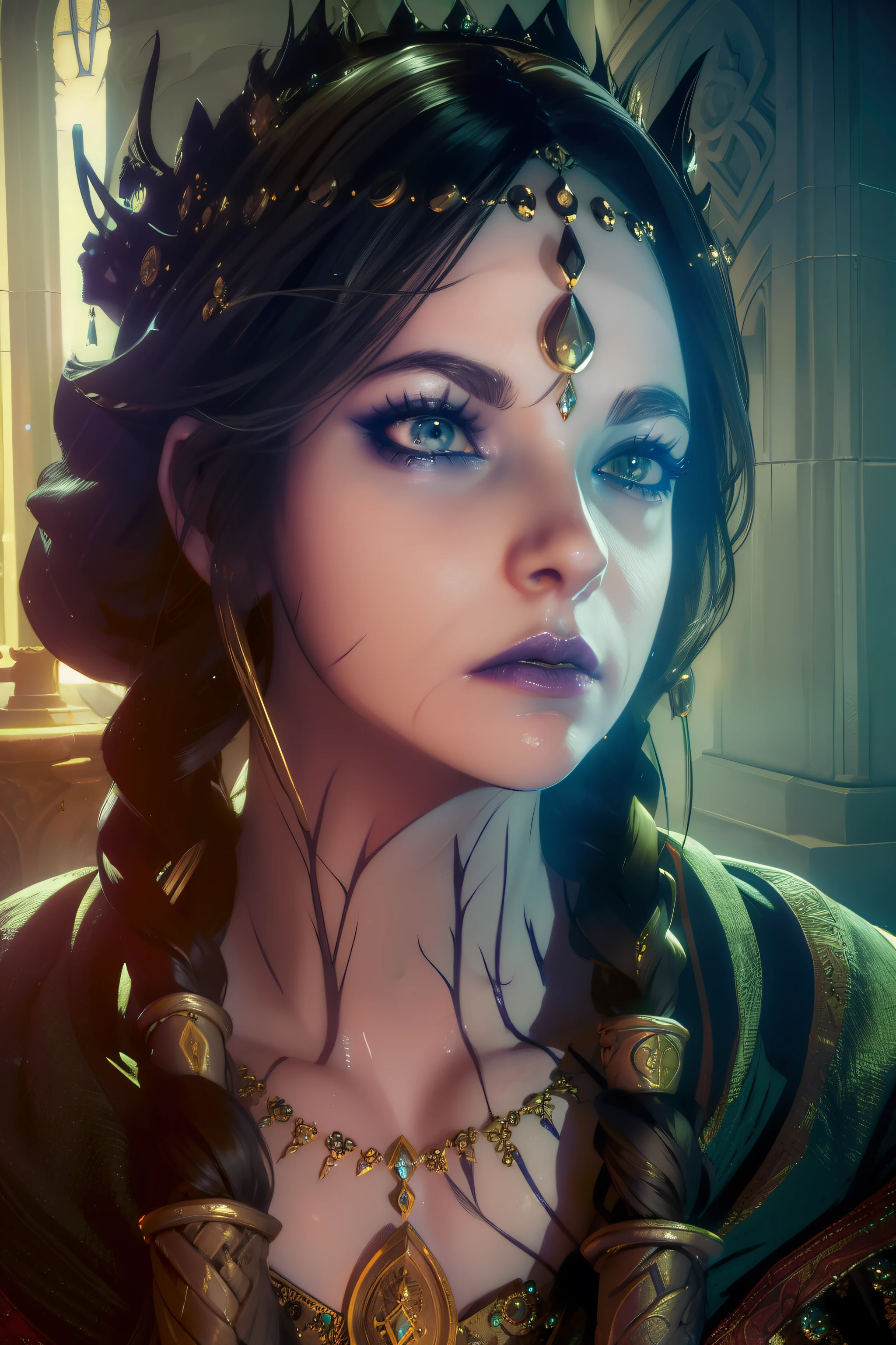 astarte, beautiful detailed eyes, beautiful detailed lips, extremely detailed eyes and face, long eyelashes, goddess, ancient greek mythology, mythology, fantasy, ornate jewelry, flowing dress, dramatic lighting, dramatic pose, cinematic composition, intricate details, digital painting, highly detailed, 8k, photorealistic, masterpiece, cinematic lighting