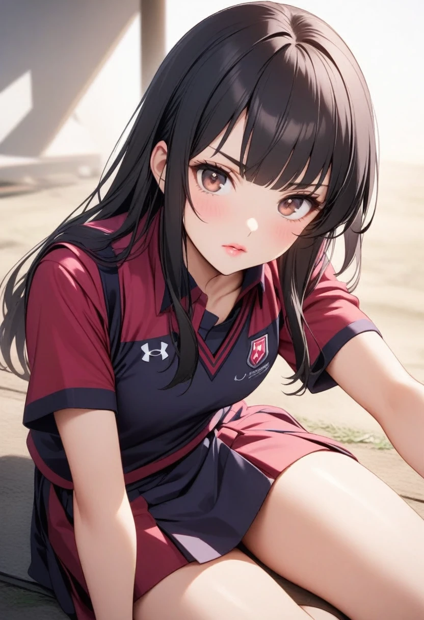 Girl with short black hair and bangs, brown eyes and pink lips, medium legs and is wearing the UA uniform.