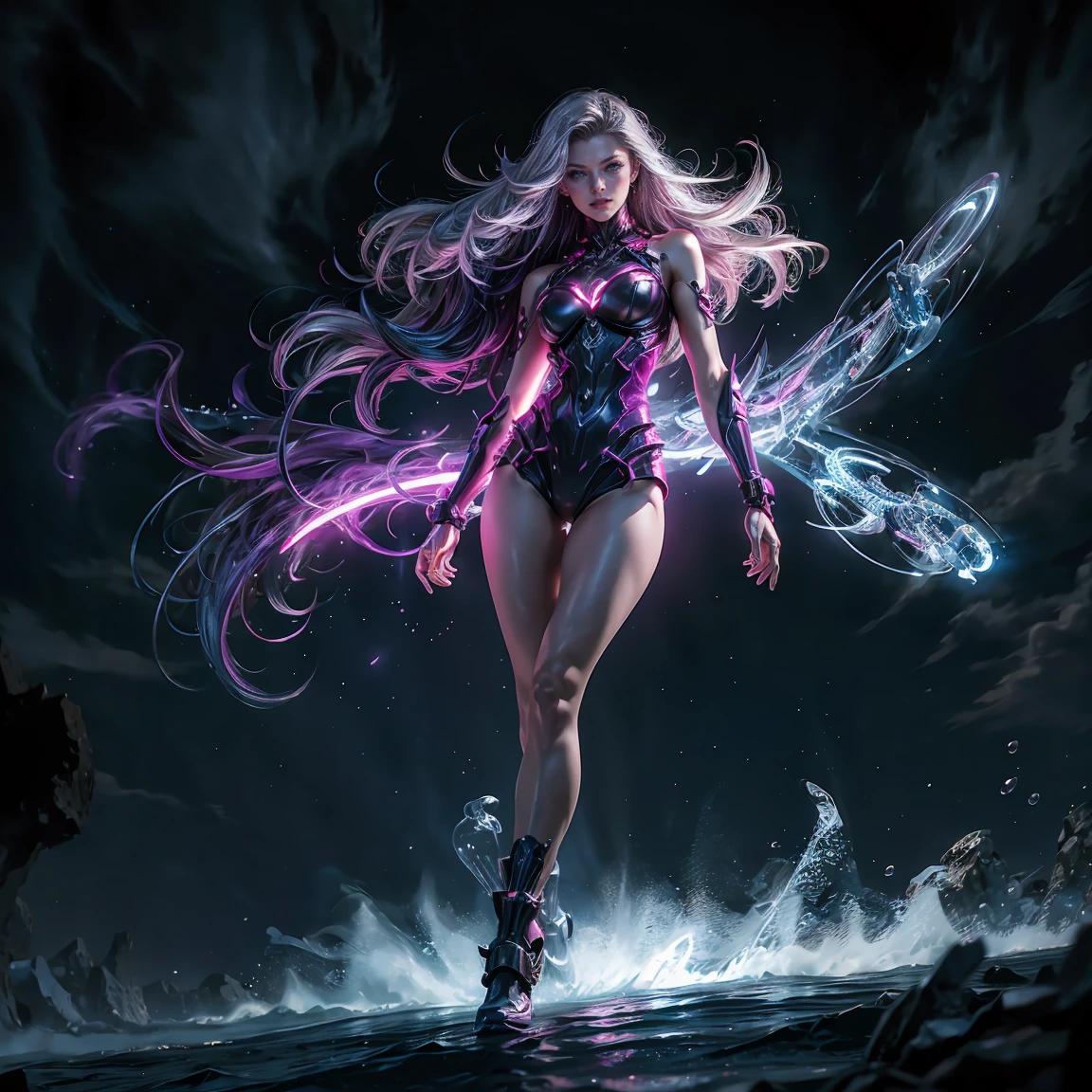 masterpiece, best quality, 1girl, ives , Mecha, beautiful lighting, (Neon light: 1.2), (night: 1.5), "masterpiece, best quality, 1girl, full body portrait, sensual pose, purple eyes, multicolored+silver hair:1.3+red:1.2+purple+yellow:1.3+green:1.3, sculpted legs and tempting curves, full breasts, pretty face, lots of water drops, cloud, Twilight, open shot, Watercolor, Neon light: 1.2, night:1.5, Mecha, beautiful lighting, bright neon light: 1.2, unforgettable mysterious night: 1.5"