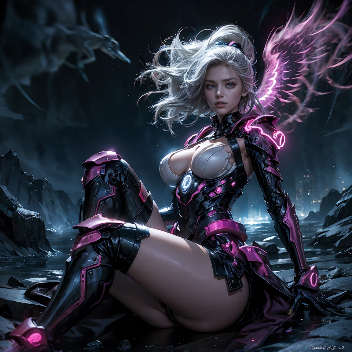 masterpiece, best quality, 1girl, ives , Mecha, beautiful lighting, (Neon light: 1.2), (night: 1.5), "masterpiece, best quality, 1girl, full body portrait, sensual pose, purple eyes, multicolored+silver hair:1.3+red:1.2+purple+yellow:1.3+green:1.3, sculpted legs and tempting curves, full breasts, pretty face, lots of water drops, cloud, Twilight, open shot, Watercolor, Neon light: 1.2, night:1.5, Mecha, beautiful lighting, bright neon light: 1.2, unforgettable mysterious night: 1.5"