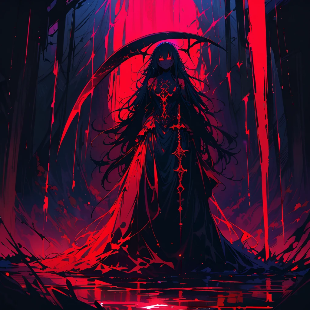 Dark and mysterious,night,Medium shot,Depth of Field,Blood Rain,A gothic anime girl,(Scythe of Death),An extraordinary Gothic Artistic masterpiece,full-body shot,heavily clouded,unforgettably beautiful,Ethereal moonshine,Eerie Shadows,Strong contrast,Creepy,Artistic masterpiece,Detailed texture,dark palette,Disturbing atmosphere,Impressive artistry,Fine details,Gothic architecture,Dramatic Lighting,Os tons vibrantes de vermelho,an ominous,Strange symbols,Surreal elements