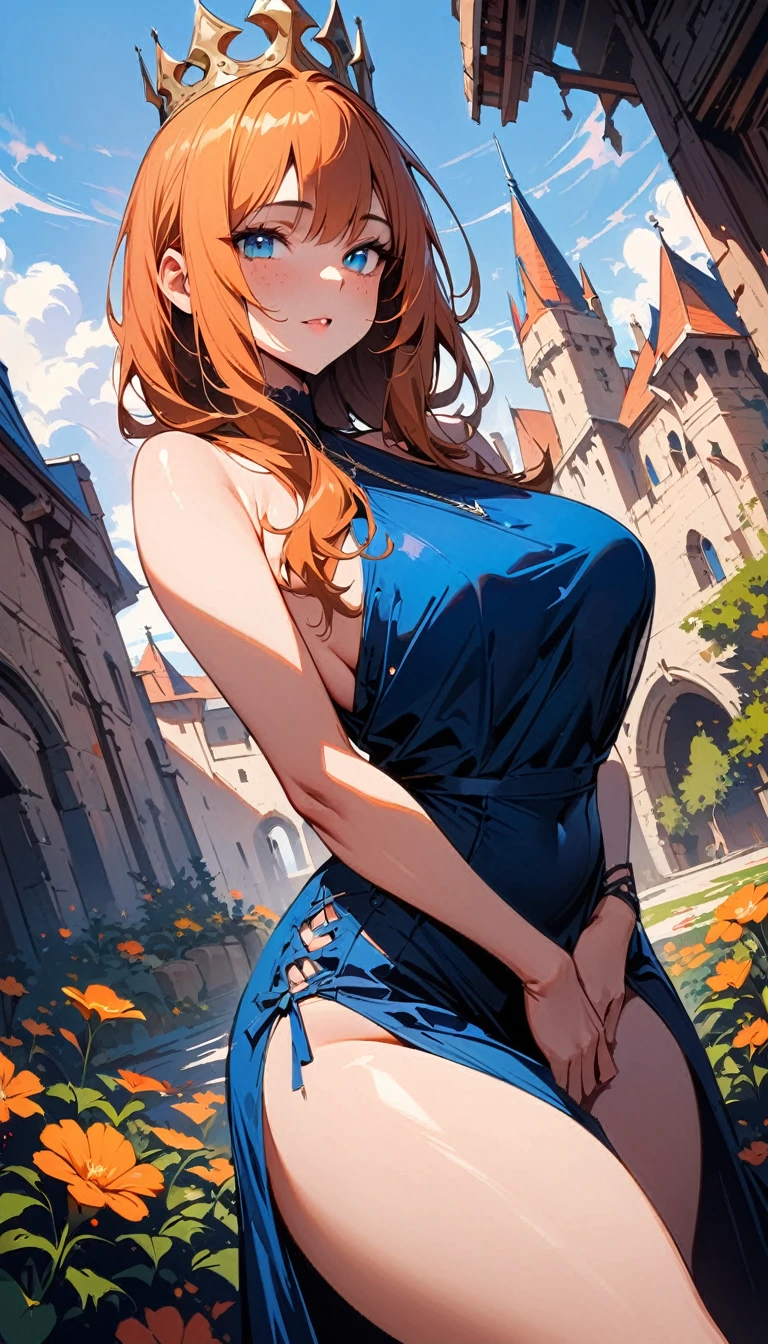 (high quality, 8k, 4K, high contrast, artwork:1.2, high quality, best aesthetics), (dynamic angle), ((1 woman)), erotic, sensual, mature body, super detailed, beautiful face detailed, beautiful eyes detailed, detailed beautiful mouth, sexy body, perfect breats, perfect wide thighs, orange hair, long orange hair, straight orange hair, blue eyes, long eyelashes, freckles on the cheeks, calm facial expression, long blue dress, princess crown, standing, erect posture, centered, looking at the viewer, flower garden courtyard, medieval castle in the background.