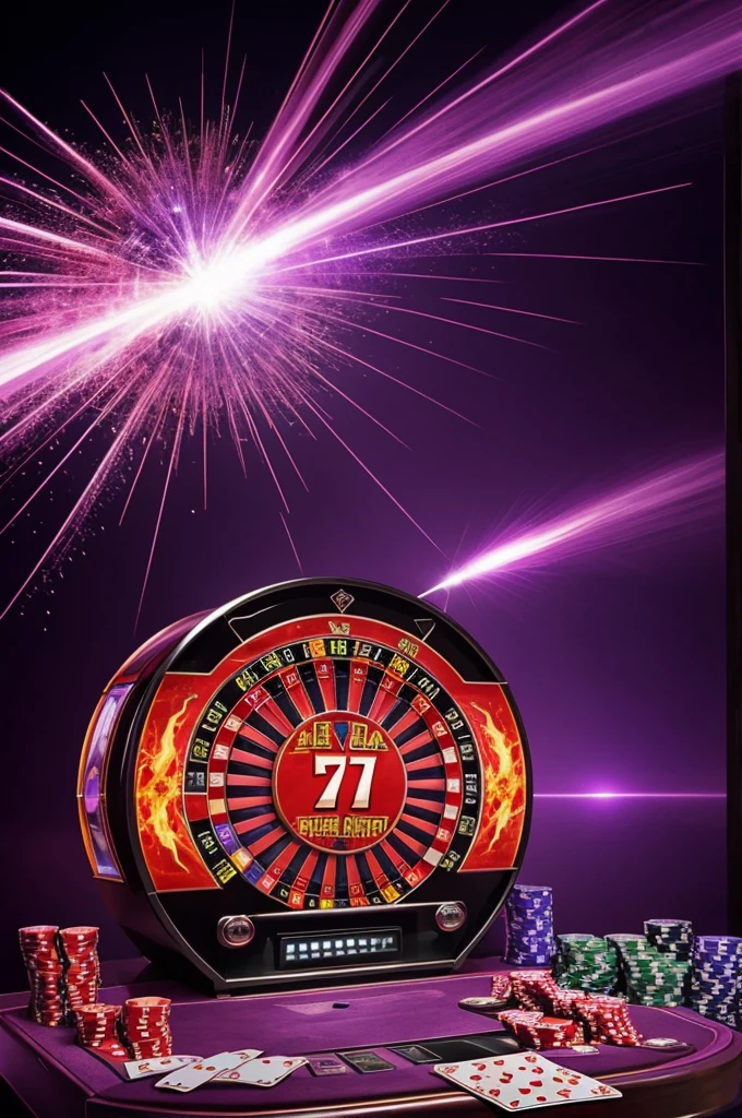 Make an image of a casino machine on fire exploding and throwing cards, chips and money everywhere in violet, purple and lilac colors above write RED ZIBA and below write BONO 40% haz un fondo brilloso