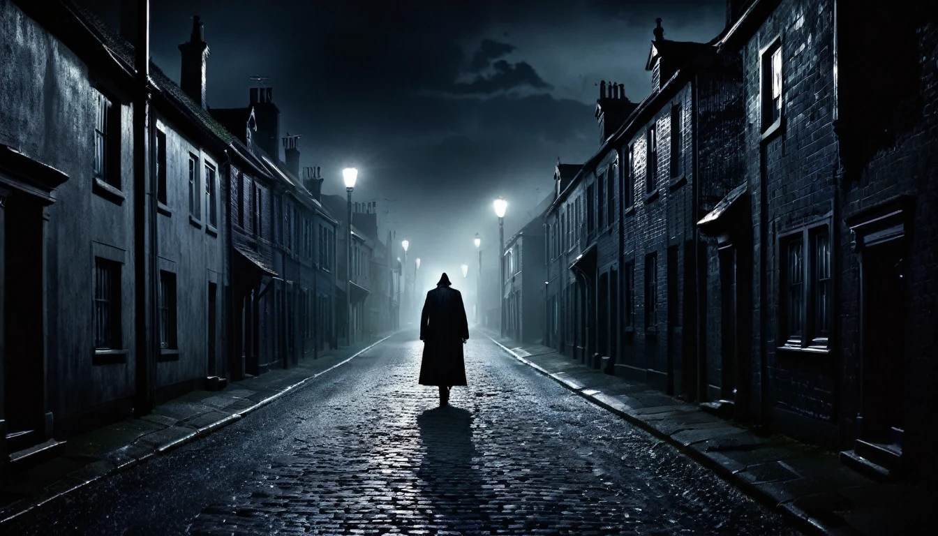 man walking, dark, sinister street, full of houses, macabre night