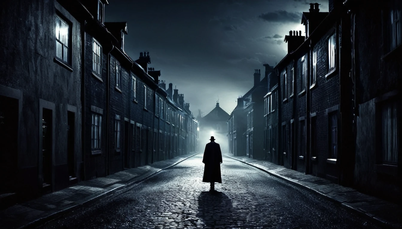 man walking, dark, sinister street, full of houses, macabre night