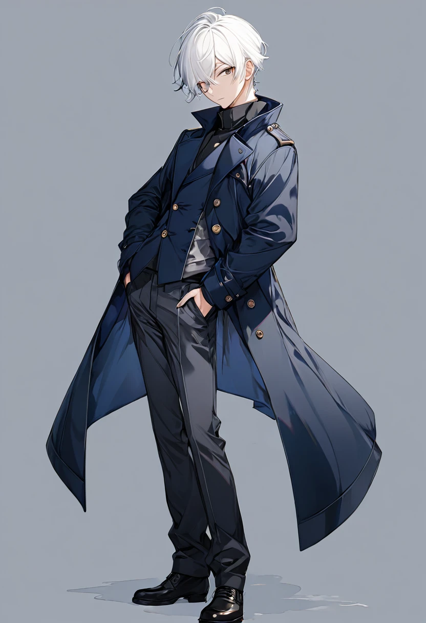 male, anime style, 2d, young, white hair, dark blue coat, dark grey pants, standing pose, no backgroind, high definition
