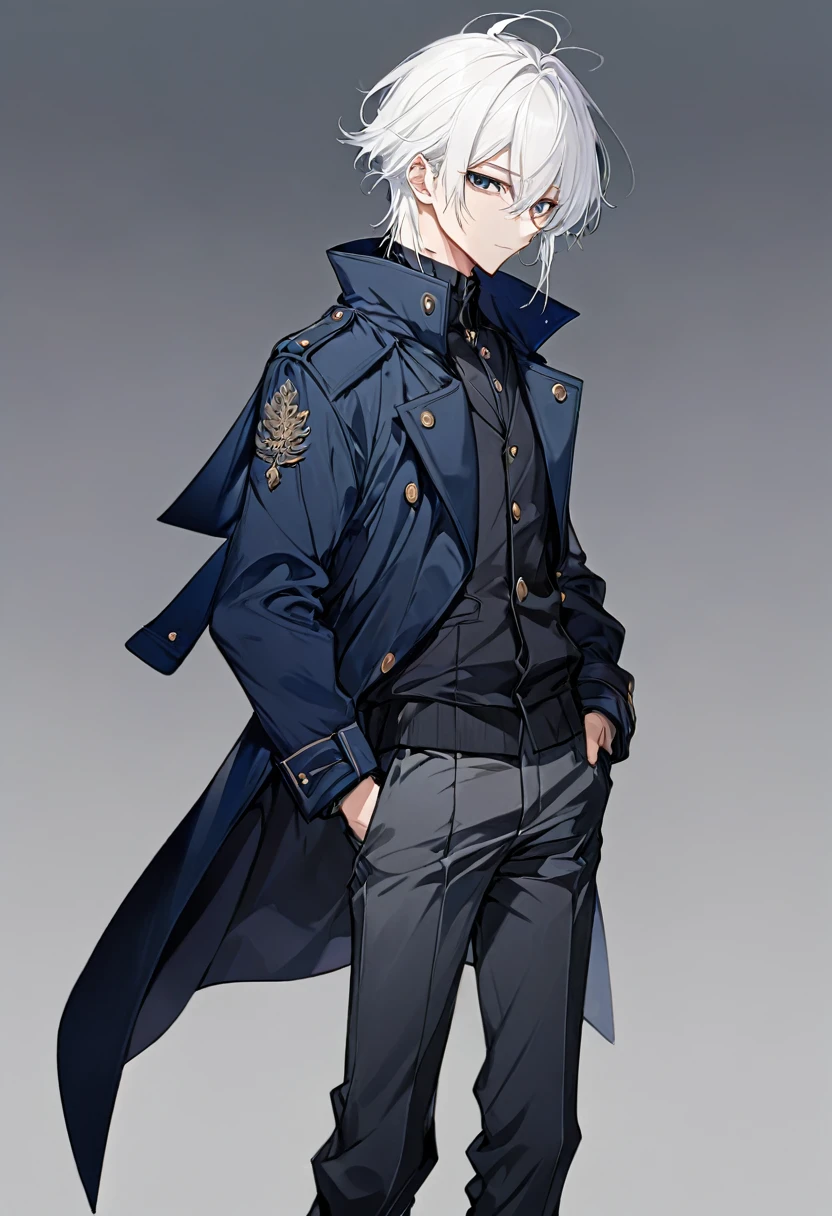 male, anime style, 2d, young, white hair, dark blue coat, dark grey pants, standing pose, no backgroind,  high definition