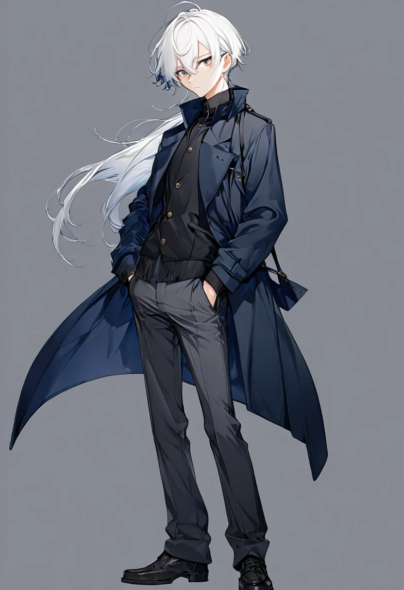 male, anime style, 2d, young, white hair, dark blue coat, dark grey pants, standing pose, no backgroind,  high definition