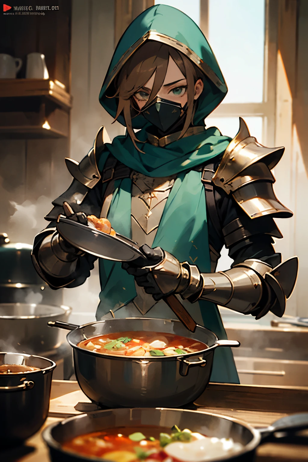 masterpiece, super high resolution, Male Bard with Green long hooded and metallic armor. light brown hair. Mask that covers only the mouth . Forearm-length gauntlets. cooking a stew ((detailed)).DND characters