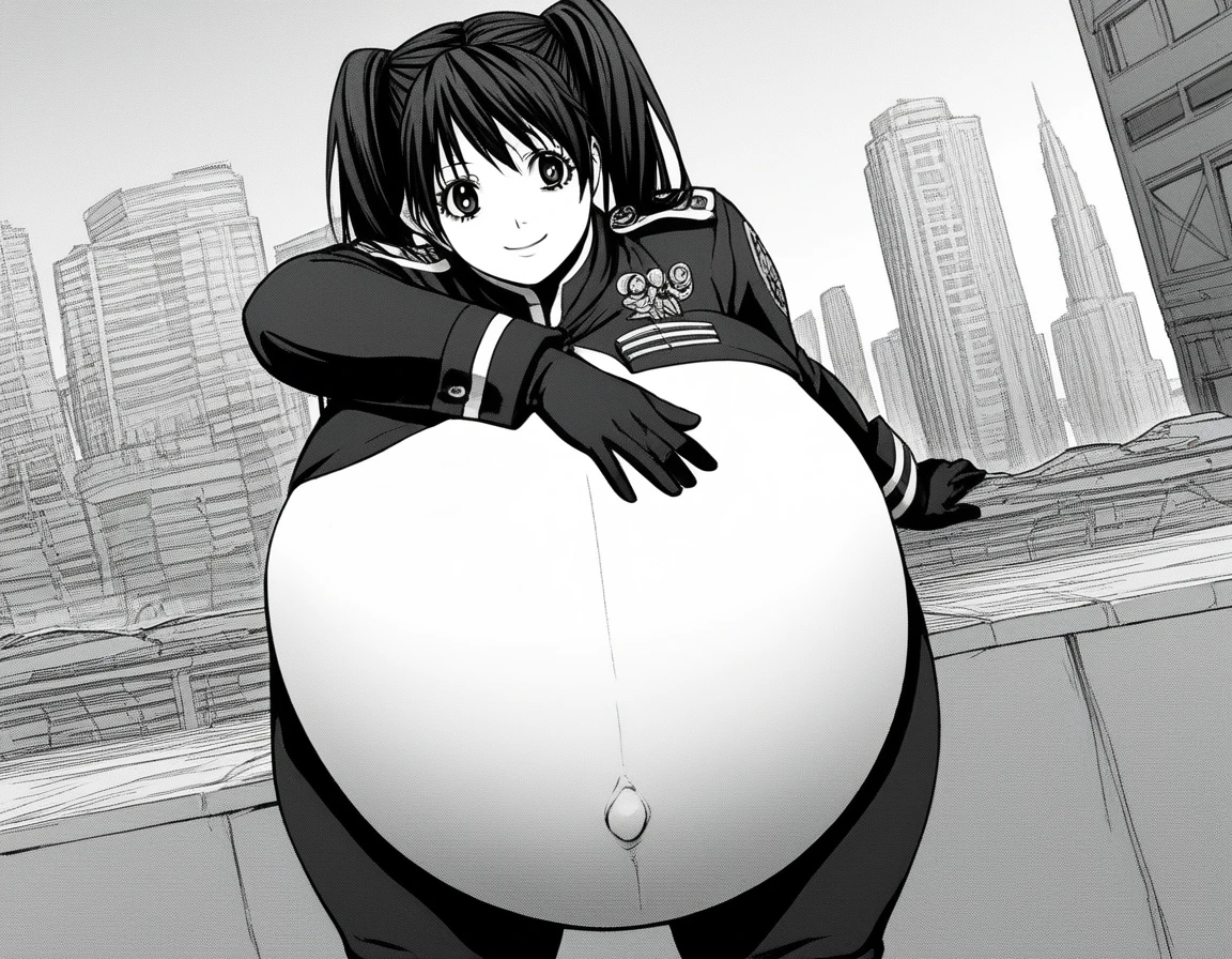 score_9, score_8_up, score_7_up, source_anime,
lenaleelee, lenalee lee, long hair, bangs, twintails, monochrome, greyscale,
gloves, uniform, military, military uniform,
outdoors, cityscape, smile, bent over,
looking at viewer, solo, cowboy shot, dutch angle,best quality, high resolution, unity 8k wallpaper, (illustration:0.8), (beautiful detailed eyes:1.6), extremely detailed face, perfect lighting, extremely detailed CG, (perfect hands, perfect anatomy),extremely obese, (obese belly):1.7, (obese legs):1.5, fat rolls, SSBBW Adeline body,(thicc:0.5), (WeightImmobile:1.3), (obese:1.2) (round face:1.3), huge belly, wide hips, from below, discoelysium, legs spread, muffin top, pudgy, Big Bump pregnant, Big , Big pregnant Belly, Big Pregnant girl, Largest Belly of Pregnant, Huge Pregnancy, Huge 9 months Pregnancy Belly, huge belly expansion, huge belly girl, morbid obesity,800lbs,enormous fat belly, rolls of fat, fat thighs, Massively Bloated Abdomen, ridiculously large spherical Belly, oversized spherical stomach, ridiculously oversized pregnant belly, huge stomach