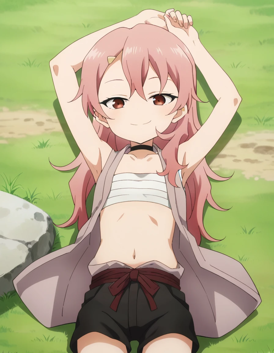 benisumomo, anime coloring ,BREAK source_anime, anime, long hair, hair ornament, red eyes, navel, pink hair, japanese clothes, choker, hairclip, flat chest, black choker, sarashi, chest sarashi, black shorts, high quality, solo, lying, on back, arms up, spread arms, closed mouth, on grass, cowboy shot, looking at viewer, smile, best quality