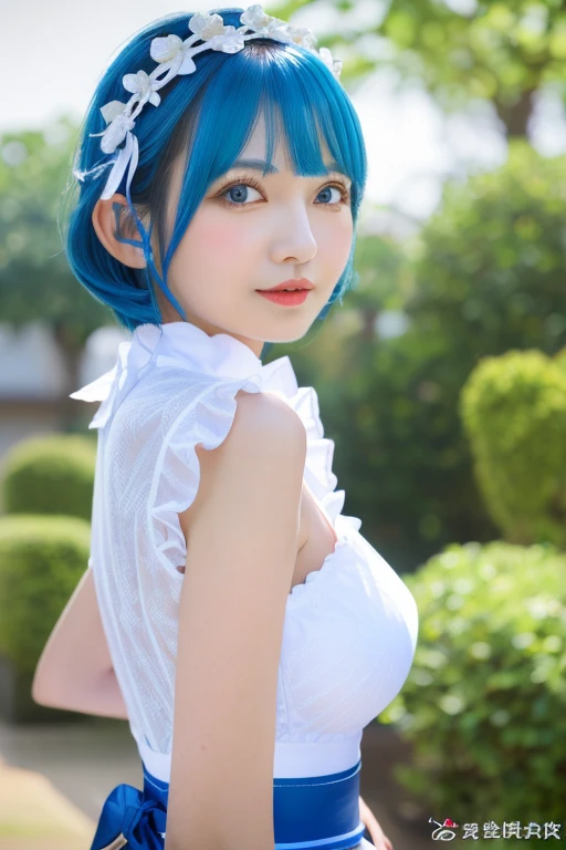 (masterpiece, top quality; 1.3), ultra-detailliert, look at the viewer, visible breast cleavage, close up, Remu_Re_Staynight, blue hair, short hair, maid uniform, hair ornament, low cut, maid headdress, heart-shaped pupil ribbon, background plain green back,