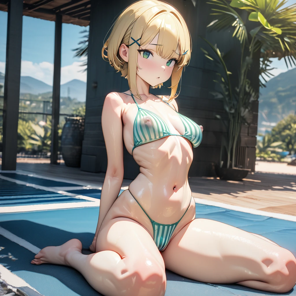 (finely detail:1.4), nsfw, 1girl, (short stature), (slender), narrow waist, yellow blonde hair, short hair, short hair with short locks, side locks, X hairpin, (green eyes), wariza,medium breasts, ( green horizontal striped bikini ), cameltoe, covered erectile nipples, (8K, ultra high res, masterpiece, best quality:1.3)(sunny place outdoors:1.4),