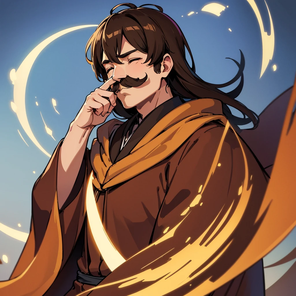 ((((Solo))))、highest quality, Best Quality,Best illustrations、middle ages、(((Brown robes)))、(40-year-old uncle、Kaiser moustache)、(Close your eyes、Close your eyes)