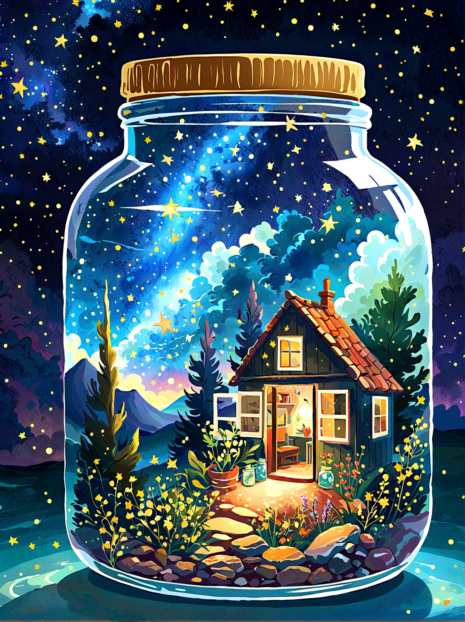 pzsj1, Masterpiece，Top quality，(Very delicate and beautiful starry sky scenery trapped in a jar), world masterpiece theater, High resolution isometric, Top quality, illustration, Thick coating, canvas, painting, realism, Realism