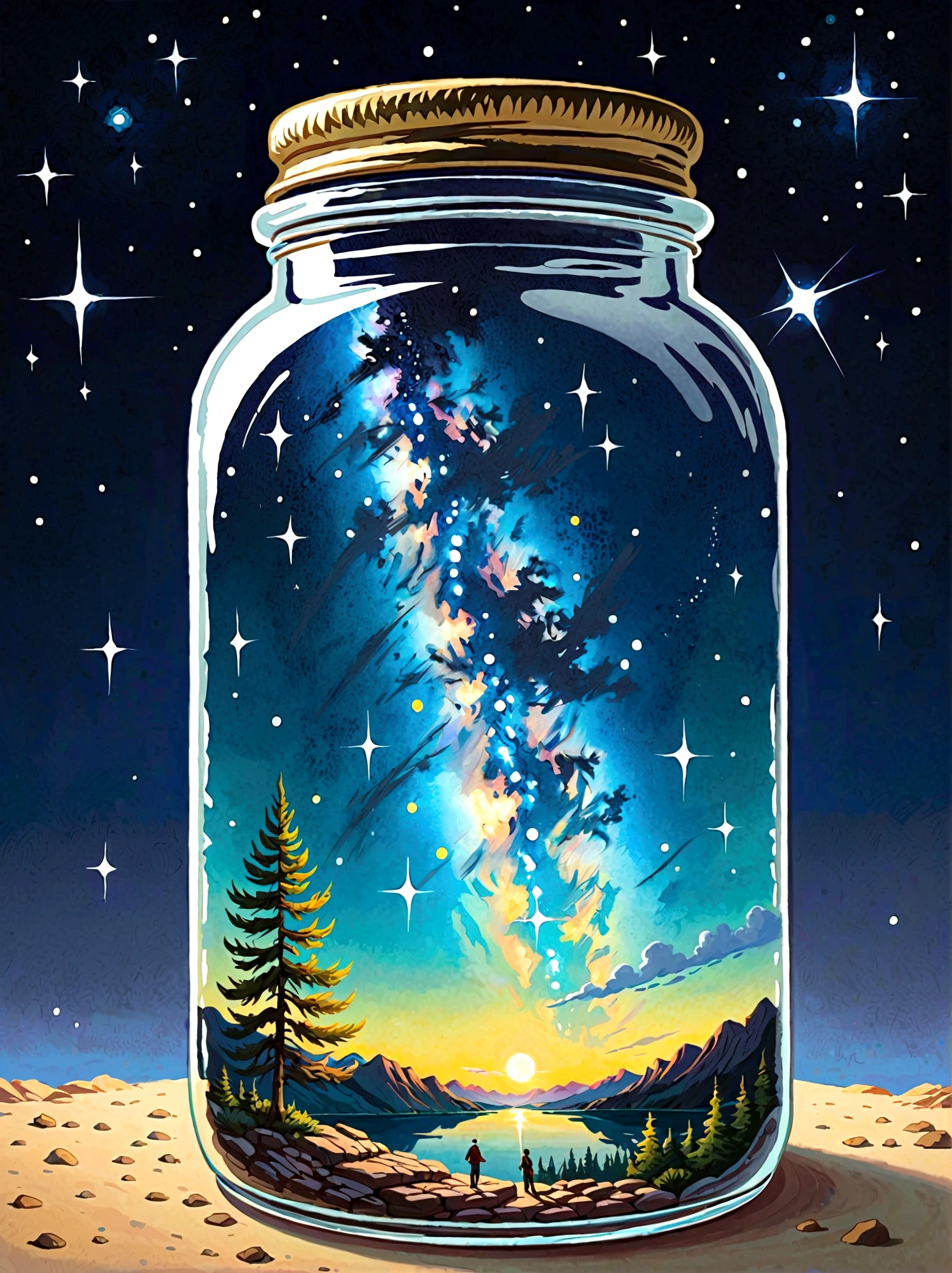 pzsj1, Masterpiece，Top quality，(Very delicate and beautiful starry sky scenery trapped in a jar), world masterpiece theater, High resolution isometric, Top quality, illustration, Thick coating, canvas, painting, realism, Realism