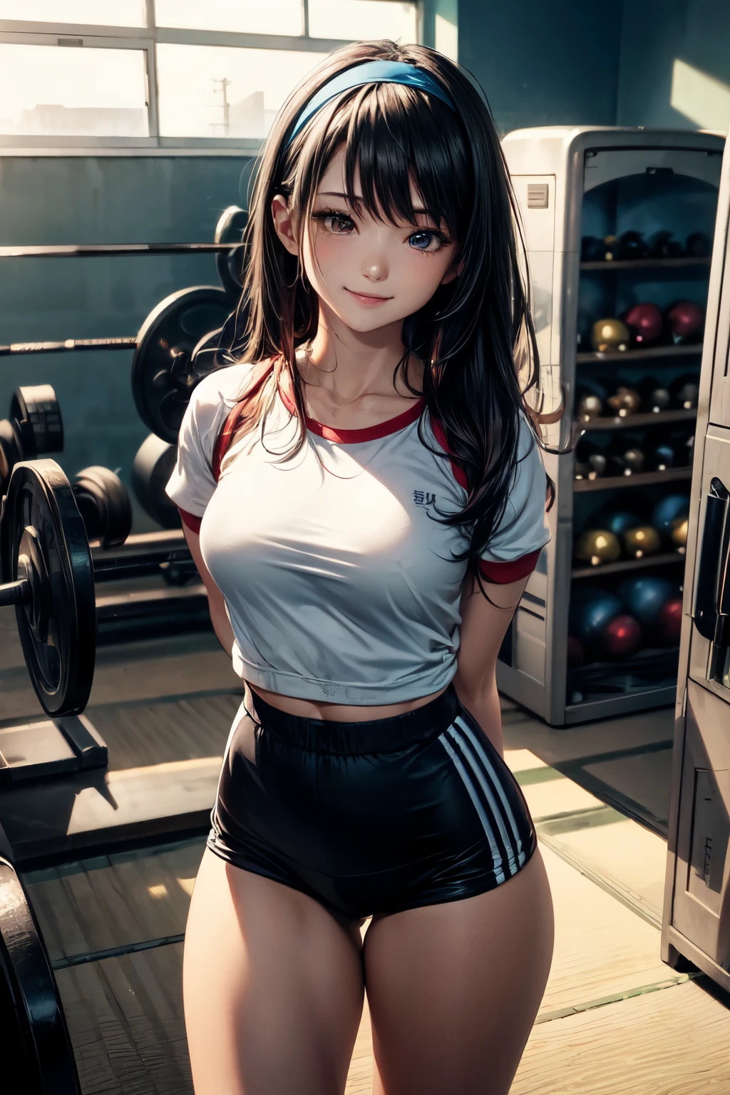 very cute and beautiful girl,(highly detailed beautiful face),(smile:1.2),happy,looking at viewer, (japanese ladies gym uniform),(blue bloomers),,standing,arms behind back,detailed legs,locker room in training gym,black hair,hair band, (best quality,masterpiece),absurdres,highres,ultra-detailed,extremely detailed,32k,8k resolution, intricate details,cinematic scene,detailed background,solo,dynamic angle,